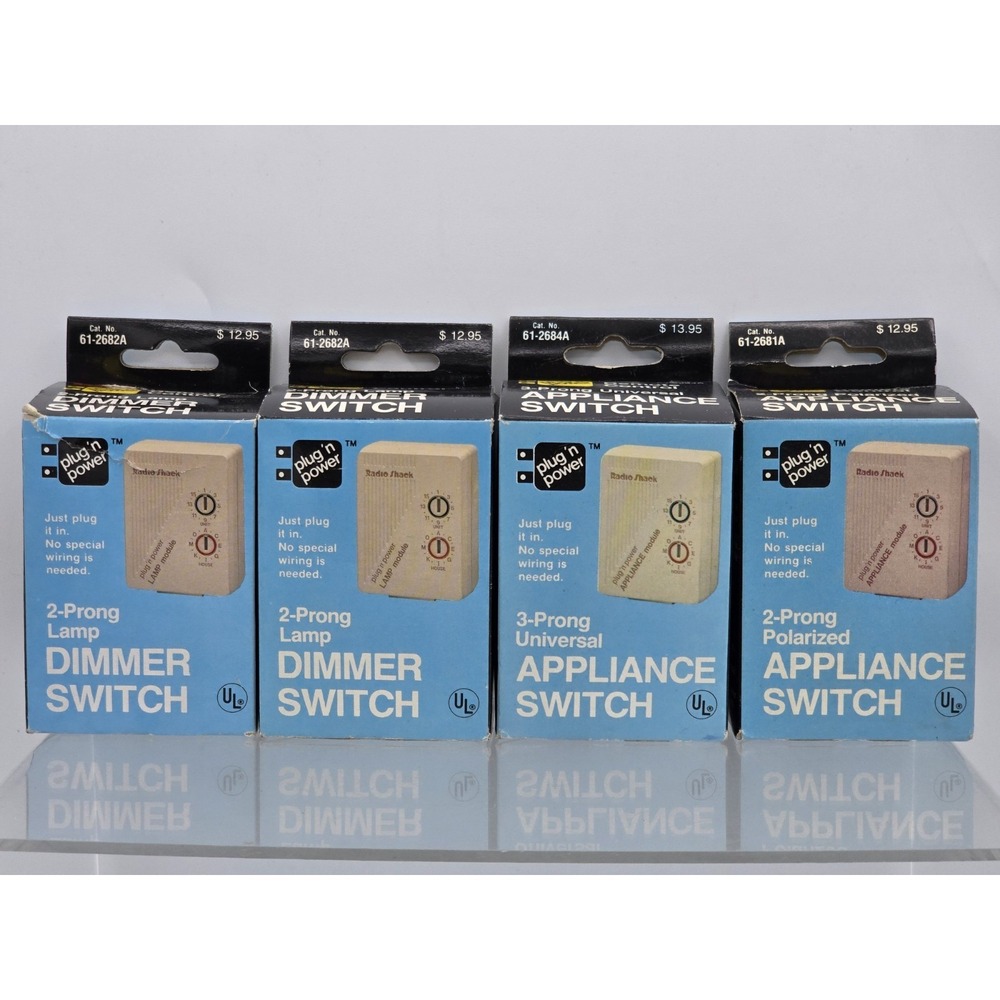 4 Lot Radio‎ Shack Plug 'n Power 3-Prong, 2 Prong Appliance Switch, & 2 Dimmer